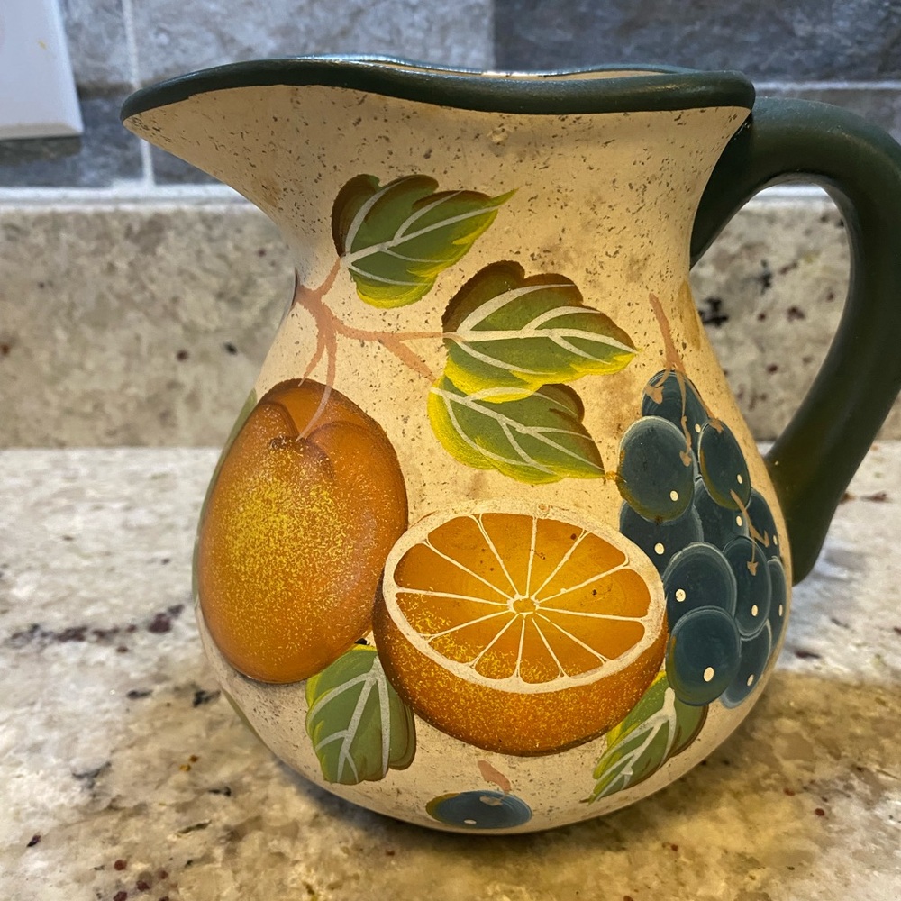 Vintage 6” stoneware hand painted‎ pitcher